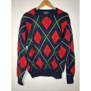 Vintage Argyle Club Room Wool Sweater Blue Green Red Grandpa Men's Large